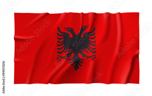 Realistic Albania country flag isolated on a transparent background. Silk atlas detailed fabric flag. Vector PNG