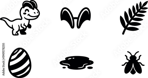 Smiling dinosaur with cartoon style bunny ears egg black silhouette leaf and fly icons simple vector art set