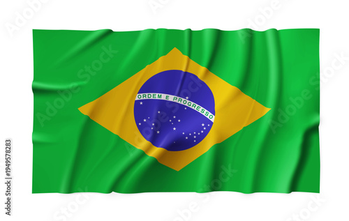 Realistic Brazil country flag isolated on a transparent background. Silk atlas detailed fabric flag. Vector PNG
