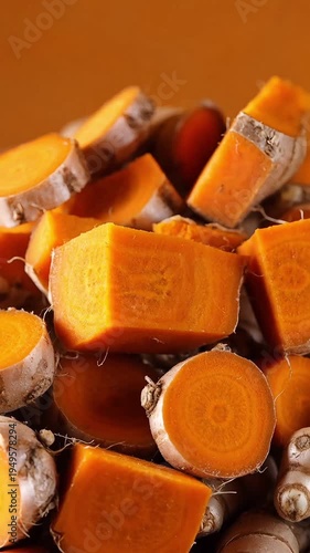 Macro view of chopped fresh orange turmeric root slices with vibrant color and textured skin