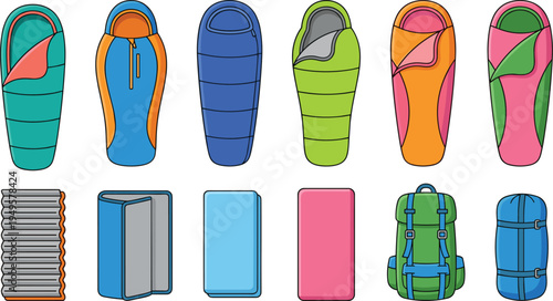 Set of colorful sleeping bags, camping mats, hiking backpack, and outdoor travel equipment icons for tourism and adventure, flat vector illustration