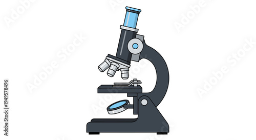 Black microscope with blue eyepiece lens.