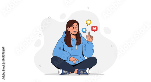 Young Woman Sitting Cross-legged, Social Media Icons Floating Above Her
