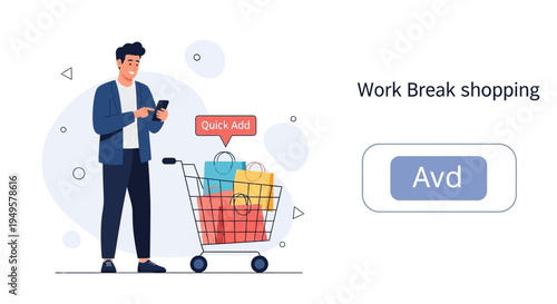 Man Shopping Online During Work Break with Mobile Phone and Shopping Cart