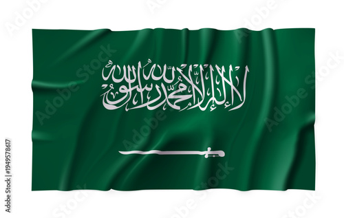 Realistic Saudi Arabia country flag isolated on a transparent background. Silk atlas detailed fabric flag. Vector PNG