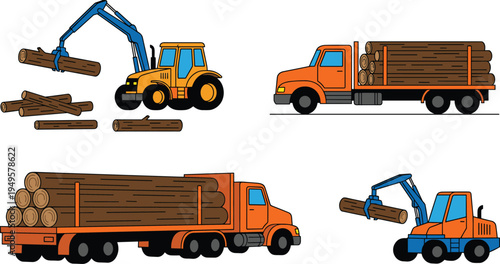 Set of Construction Vehicles and Heavy Machinery Icons in Flat Vector Illustration Style, Industrial Trucks and Earthmoving Equipment Collection