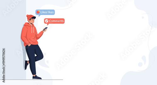 Young man checking phone with social media notifications for likes and comments