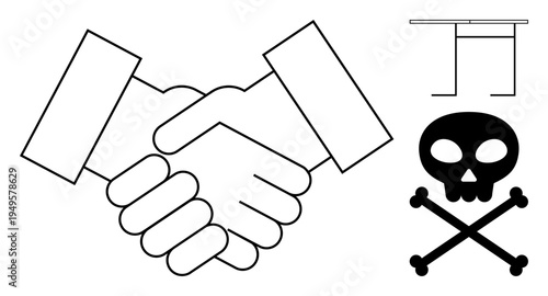 Business ethics, trust issues, corporate deals, risk management, partnerships, danger. Two hands in a handshake, skull with crossbones table diagram. Business ethics and trust issues concepts