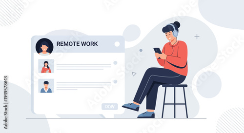 Remote Work Concept: Person with Headphones Using Phone, Connected to Virtual Team