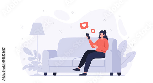 Woman Relaxing on Sofa Using Smartphone, Receiving Likes and Notifications