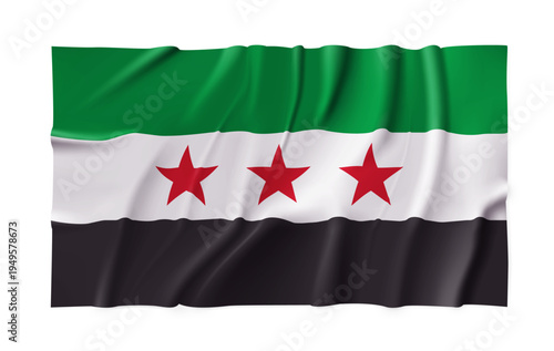 Realistic Syria country flag isolated on a transparent background. Silk atlas detailed fabric flag. Vector PNG