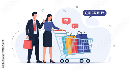 Couple Shopping Cart Quick Buy Concept, Online Shopping, E-commerce, Fast Delivery