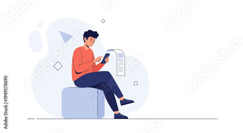 Man using smartphone for online shopping or banking, digital receipt on screen