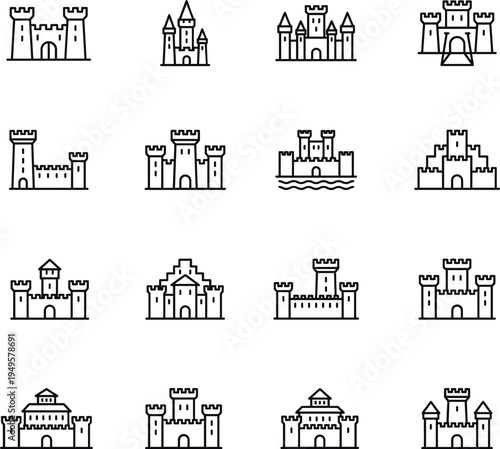 Castle icon collection featuring towers, battlements, gates, turrets, drawbridge, moat, medieval architecture fantasy vector illustration design