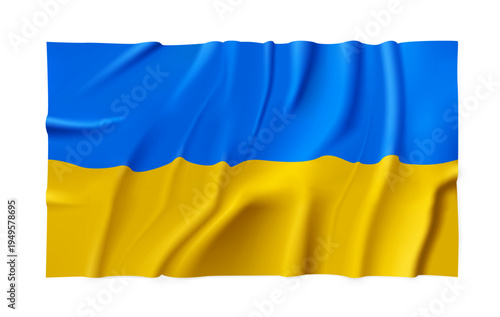 Realistic Ukraine country flag isolated on a transparent background. Silk atlas detailed fabric flag. Vector PNG