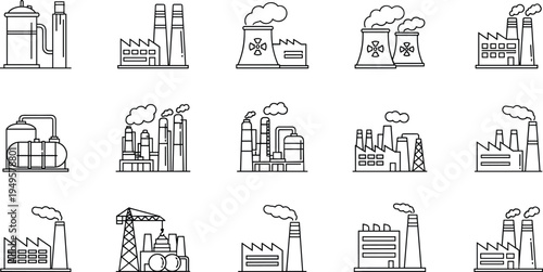 Industrial factory building icons, power plant sketches, manufacturing facility line art, warehouse outline elements, energy production vector illustration, engineering site