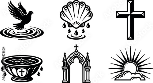 Black and white vector art of dove landing on water shell with drops cross architecture arch and sun rising behind clouds