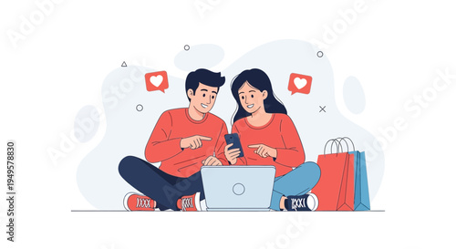 Couple Shopping Online Together, Using Laptop and Smartphone, Social Media Likes