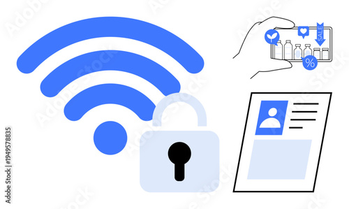 Cybersecurity concept. Lock symbol over wireless signal s secure communication. Cybersecurity addresses challenges in digital identity, secure e-commerce, and online data safety. Ideal for security