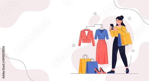 Woman Shopping Online for Clothes, Fashion, and Accessories with Smartphone and Bags