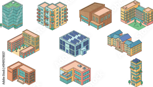 Isometric building illustration collection featuring offices, apartments, library, university, commercial, sustainable architecture vector design