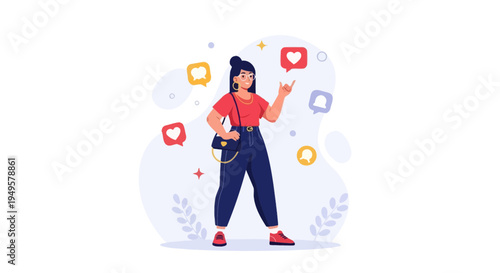 Woman with social media icons, likes, hearts, and notifications, trendy style