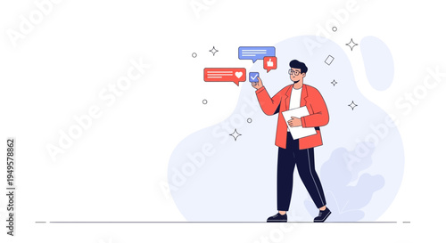 Man with smartphone, social media notifications, likes, and checkmarks, flat illustration