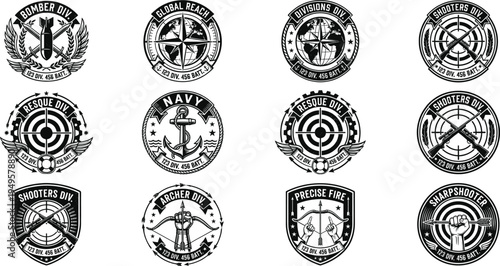 Military insignia icon collection featuring bombers, globes, anchors, rifles, archery, sharpshooter, tactical division vector design