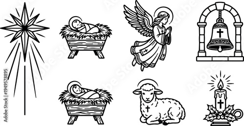Black and white line art nativity scene icons featuring baby jesus in manger angel bell candle and lamb with halo christian religious symbols
