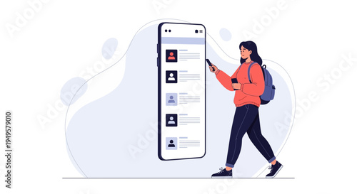 Woman Using Smartphone with Contact List App on Large Screen