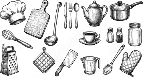 Vintage kitchen utensil illustration collection featuring chef hat, cookware, cutlery, whisk, grater, pot holder, black and white design