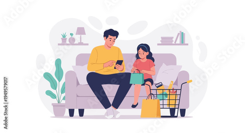 Father and daughter relaxing on sofa after shopping, using phone and bags