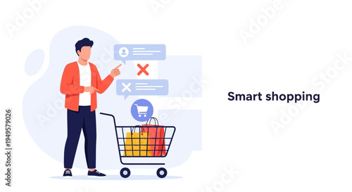 Smart shopping concept: man with shopping cart and digital interface