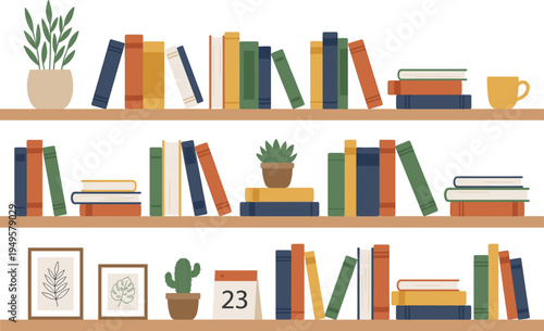 Wooden bookshelf illustration featuring plants, books, framed art, calendar, mugs, decorative storage, cozy interior vector design