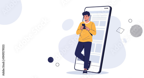 Young man using smartphone leaning against giant phone screen, modern technology concept