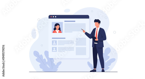 Man presenting resume on screen, recruitment, job search, HR, interview concept