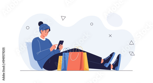 Young man with shopping bags using smartphone, online shopping concept