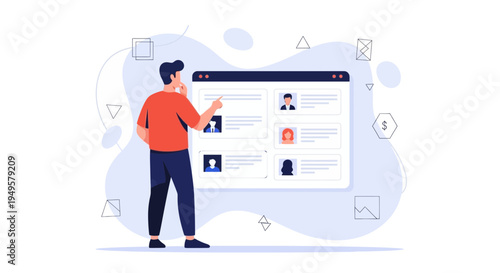 Man reviewing user profiles on a digital interface, recruitment concept