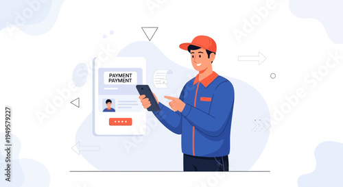 Delivery man paying online with smartphone and digital receipt, mobile payment concept