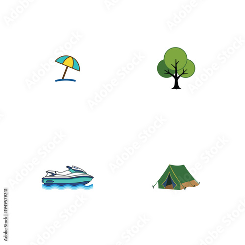 Outdoor recreation with umbrella tree and tent jet ski