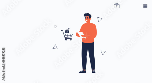 Man with shopping cart and list, online shopping concept, e-commerce illustration