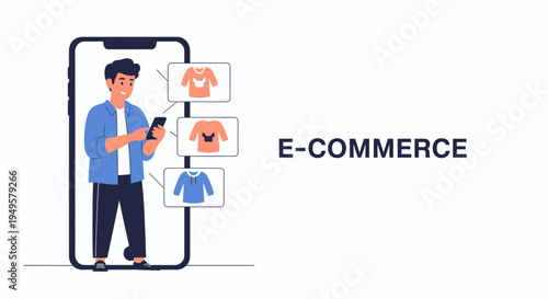 Man Shopping Online for Clothes on Smartphone, E-Commerce Concept