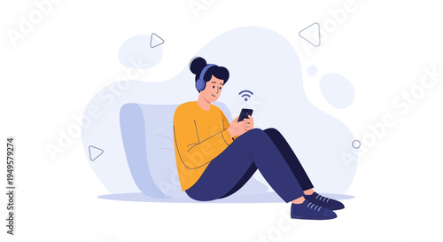 Young person with headphones using smartphone, listening to music, wireless connection