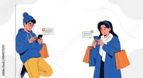 Young couple texting on phones with shopping bags, online shopping concept