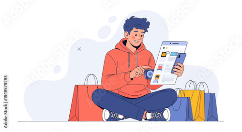 Young man shopping online on tablet surrounded by shopping bags, e-commerce concept