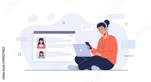 Young person with headphones using laptop and smartphone, online communication concept