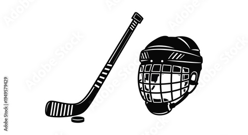 A black and white illustration of a hockey stick and helmet