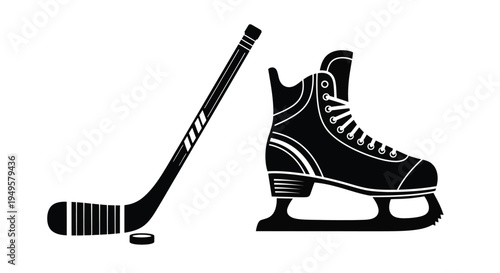 A black and white illustration of a hockey stick and skate