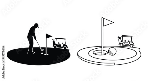 Minimalist depiction of a golfer golf carts and putting greens