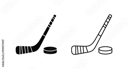 Two hockey sticks and pucks in a simple black and white illustration